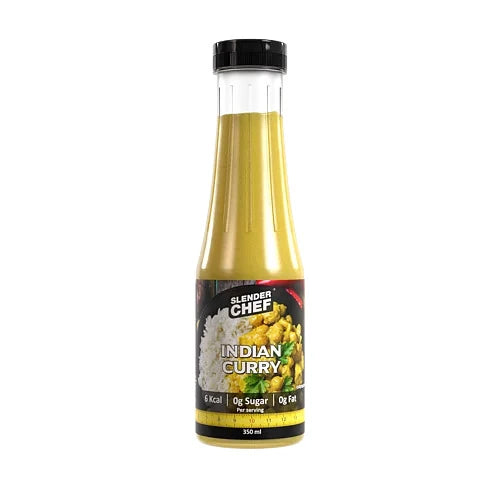 Vähäkalorinen Slender Chef Sauce 350 ml Indian Curry on keltainen kastike läpinäkyvässä, mustakorkkisessa muovipullossa., kuva 1/1