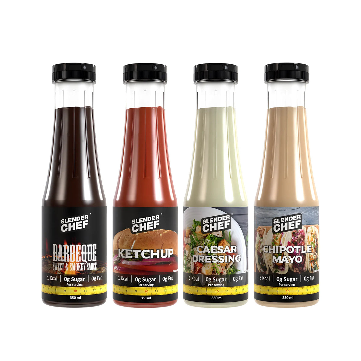 4 x Slender Chef Sauce 350 ml, neljä erilaista vähäkalorista kastiketta läpinäkyvissä muovipulloissa mustilla korkeilla., kuva 1/1