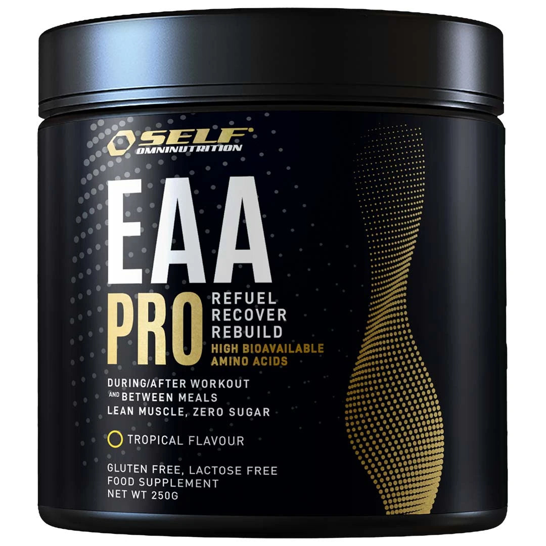 Self Omninutrition EAA Pro 200 g -aminohapot mustassa purkissa kultaisilla yksityiskohdilla, makuna Tropical.