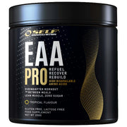 Self Omninutrition EAA Pro 200 g aminosyror i en svart burk med guldiga detaljer för smaken Tropical.