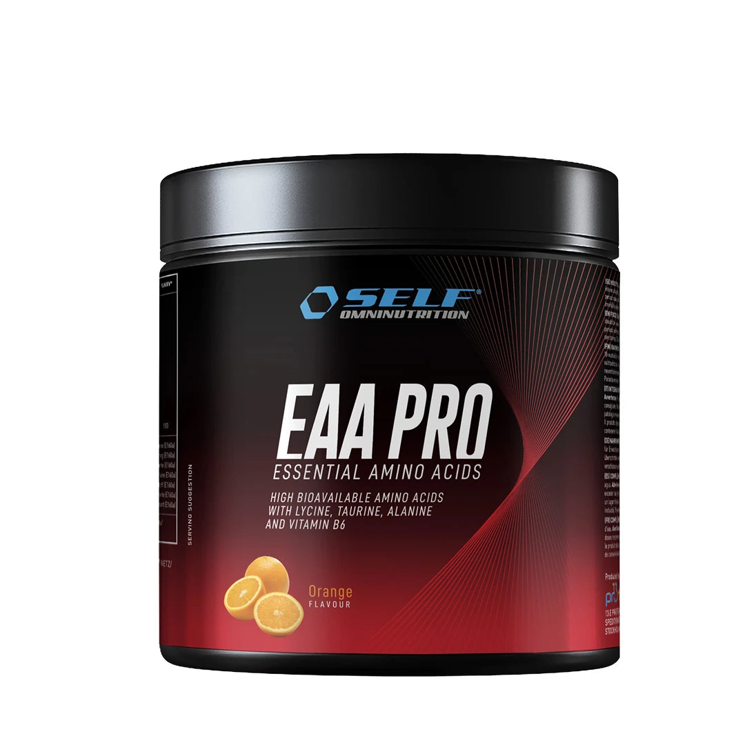 Self Omninutrition EAA Pro 200 g -aminohappojauhe mustassa purkissa punaisilla yksityiskohdilla, makuna Orange.