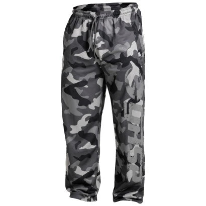 GASP Original Mesh Pants Tactical Camo -treenihousut, harmaa maastokuvio, verkkomateriaalia ja iso logo lahkeessa.