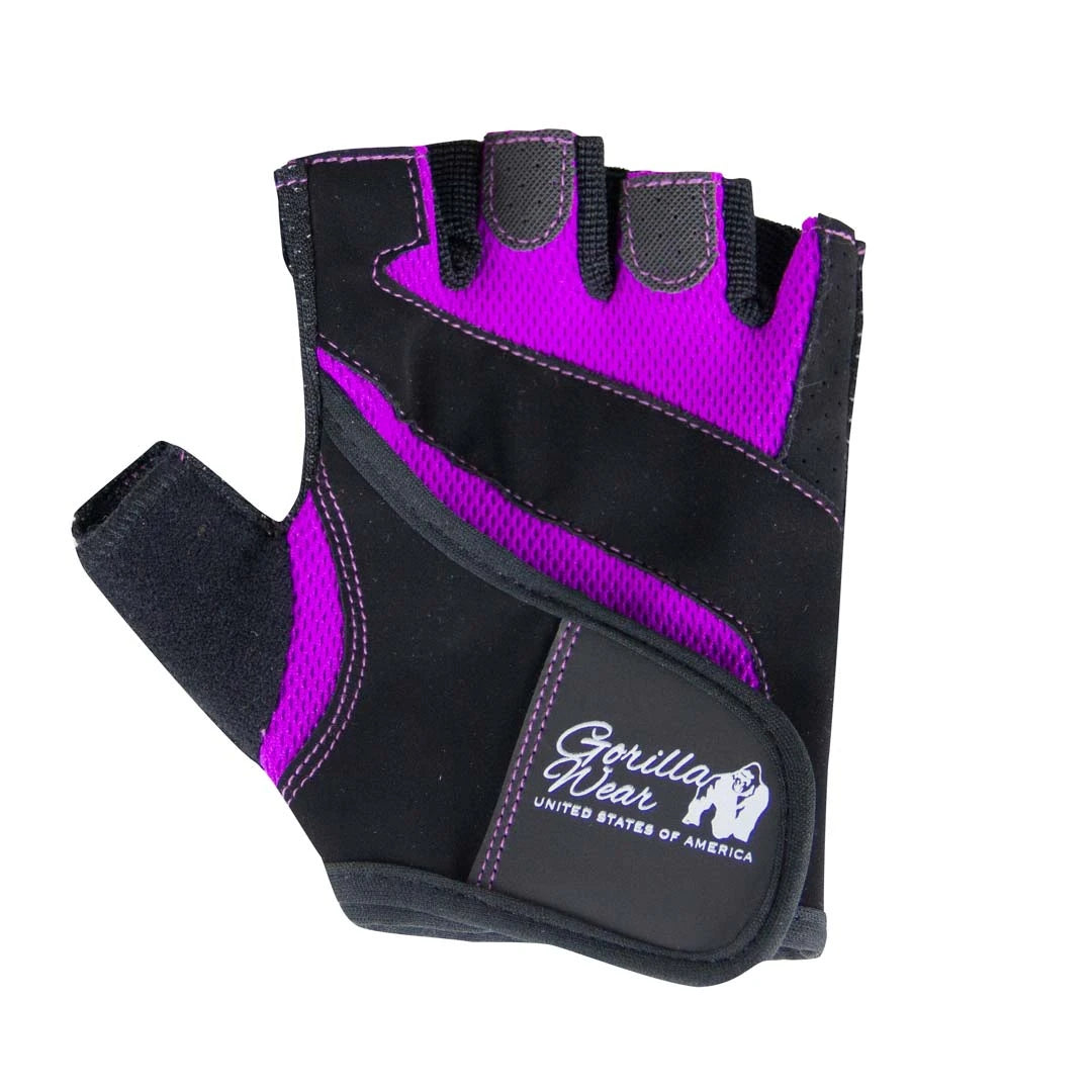Mustat Gorilla Wear Womens Fitness Gloves Black/Purple -treenihanskat liiloilla verkkoyksityiskohdilla ja tarrakiinnityksellä.