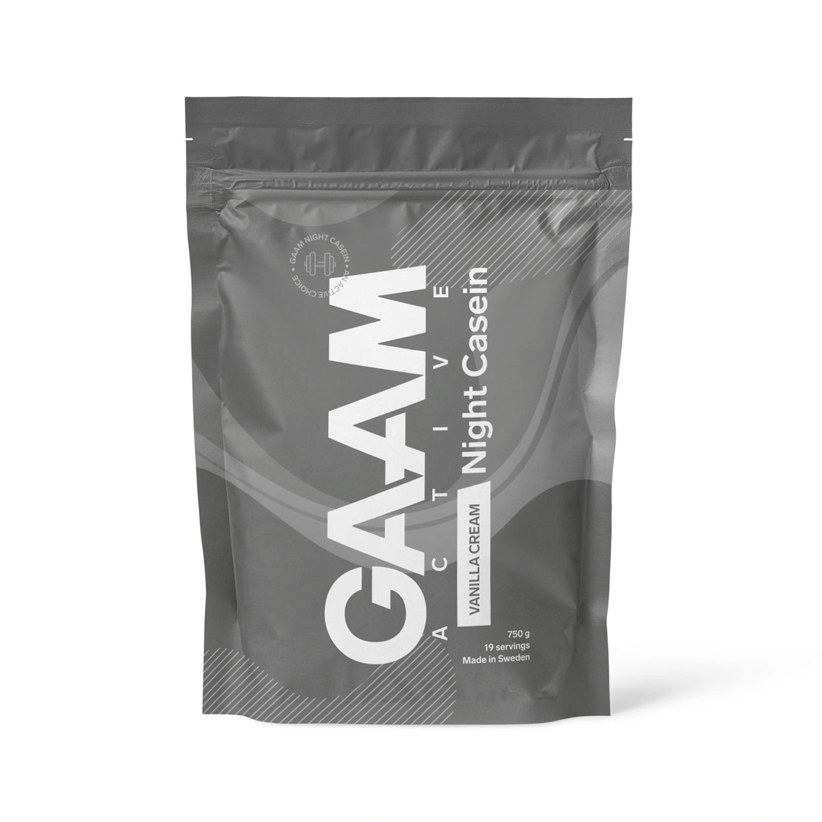 GAAM Active Night Casein 750 g -kaseiiniproteiini tummanharmaassa pussissa valkoisilla teksteillä, makuna Vanilla Cream., kuva 2/3