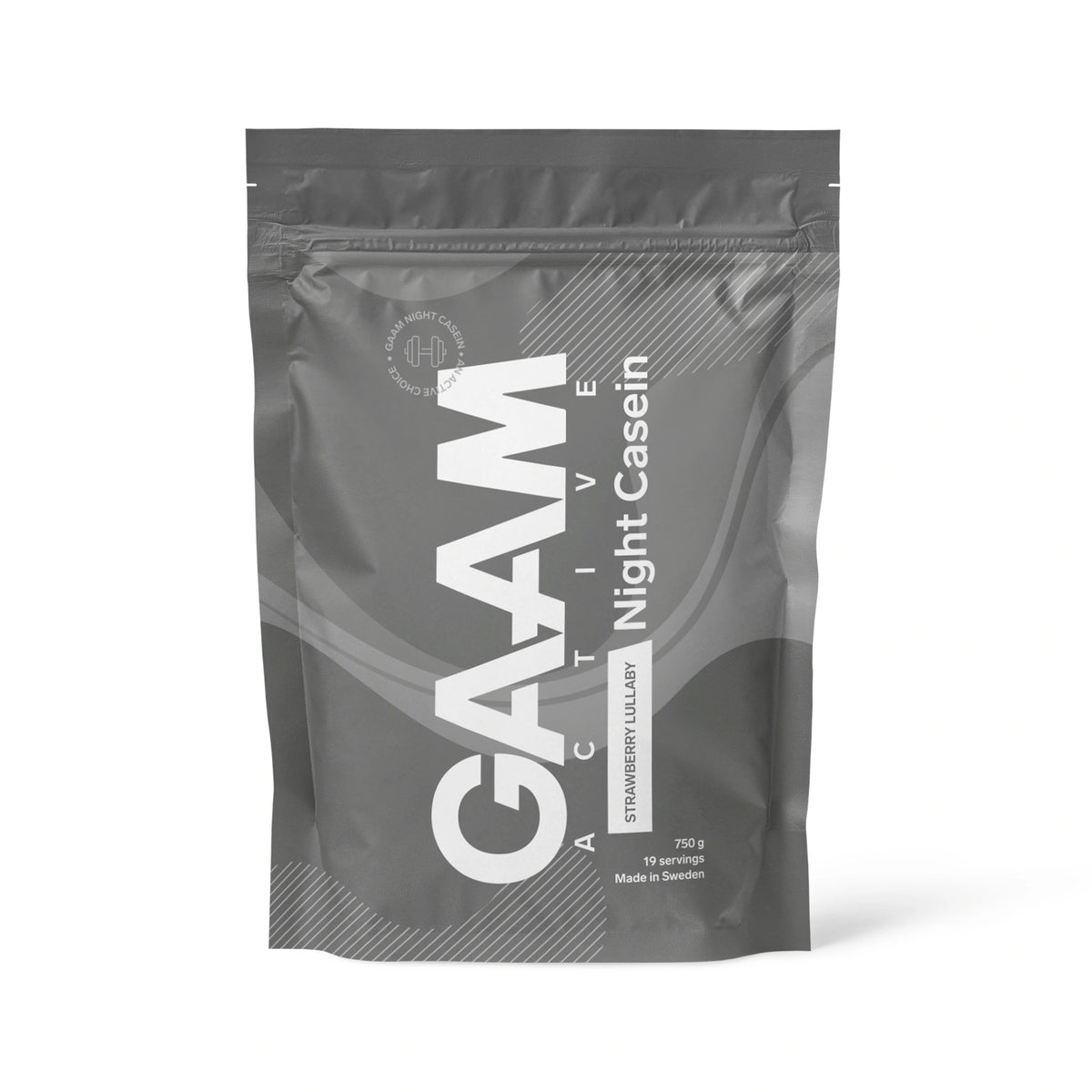 GAAM Active Night Casein 750 g -proteiinijauhe tummanharmaassa pussissa, makuna Strawberry Lullaby., kuva 3/3