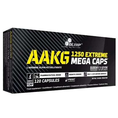 Olimp AAKG Extreme Mega Caps 120 caps -ravintolisä mustassa pakkauksessa keltaisella ja valkoisella tekstillä., kuva 1/1