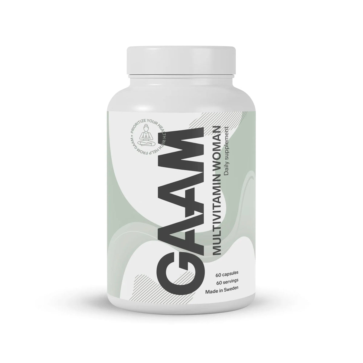 GAAM Multivitamin Woman 60 caps valkoisessa purkissa vihervalkoisella etiketillä, naisille suunniteltu ravintolisä., kuva 1/1