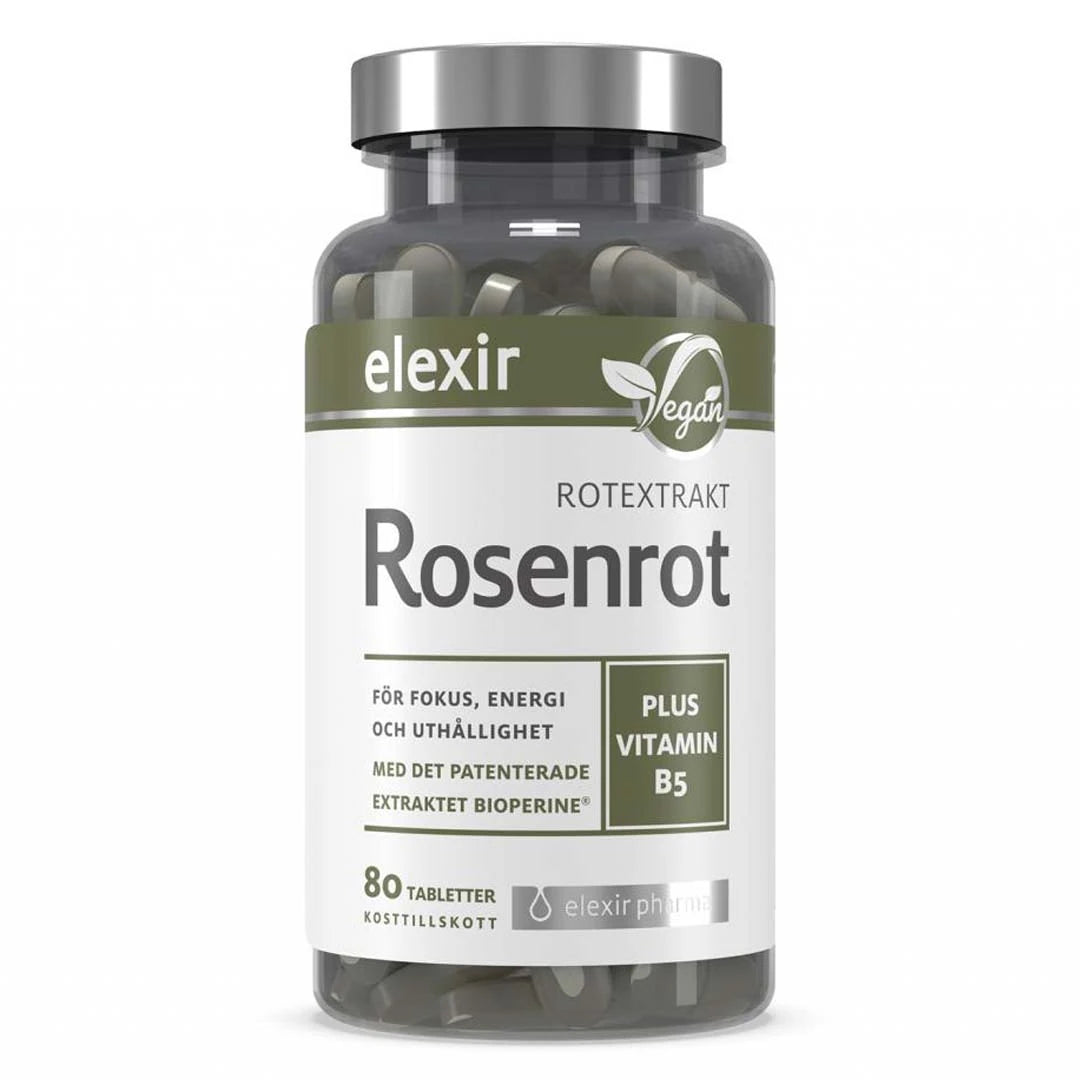 Elexir Pharma Rosenrot 80 tabs läpinäkyvässä purkissa, jossa on valko-vihreä etiketti ja vegaanisymboli., kuva 1/1