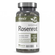 Elexir Pharma Rosenrot 80 tabs i en transparent burk med vit och grön etikett samt vegansymbol.