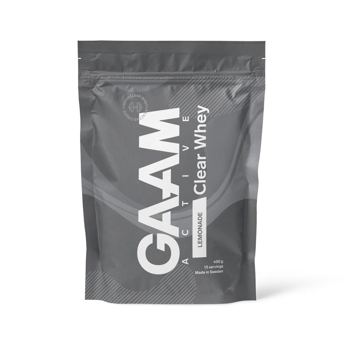 GAAM Active Clear Whey 400 g -proteiinijauhe harmaassa pussissa valkoisilla yksityiskohdilla, makuna Lemonade.
