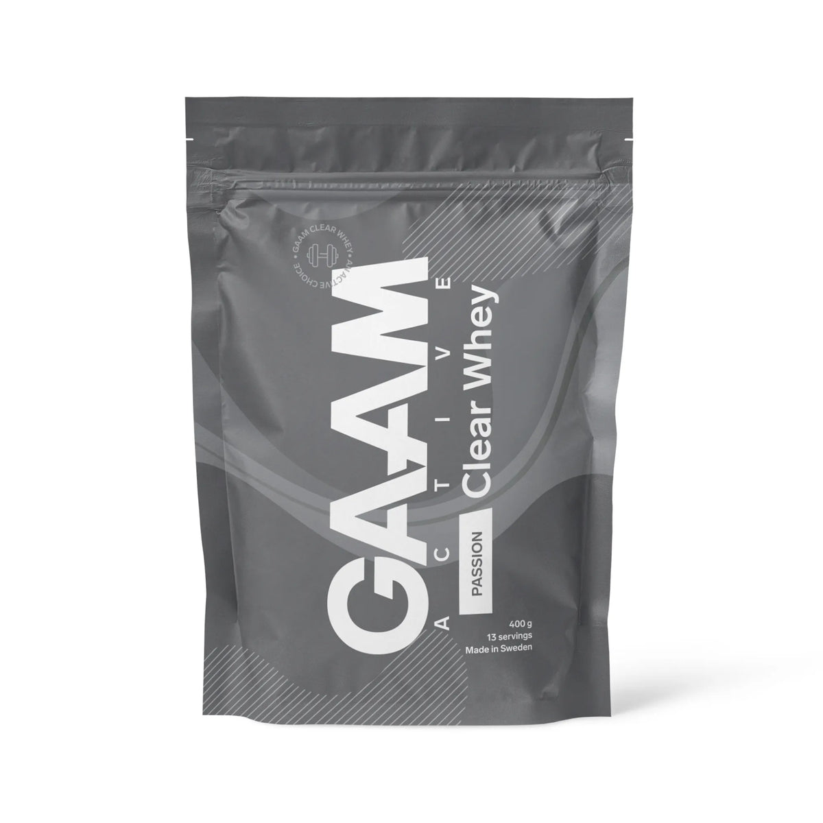 GAAM Active Clear Whey 400 g -proteiinijauhe harmaassa pussissa valkoisella tekstillä, makuna Passion Fruit.