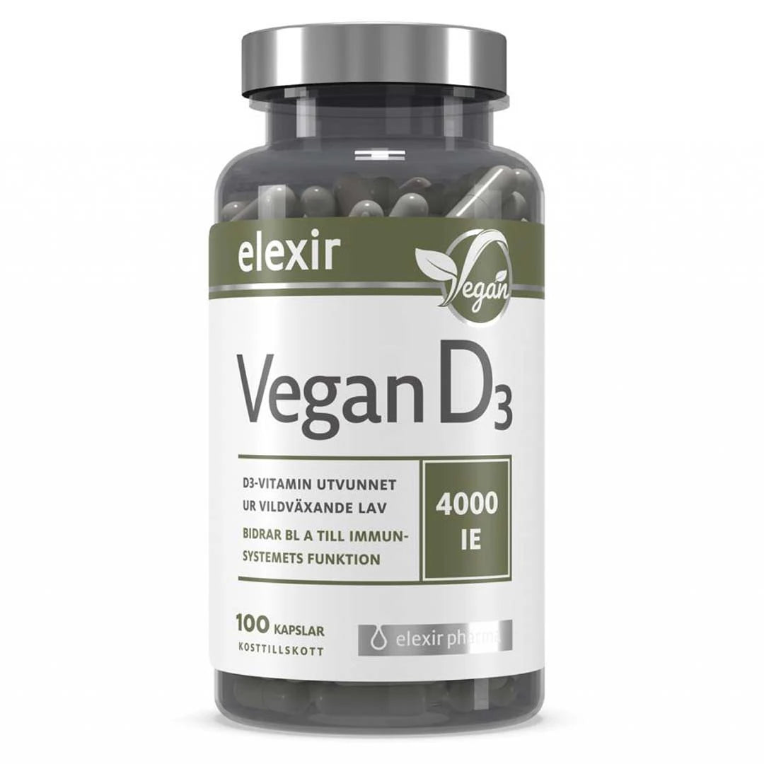 Elexir Pharma D3 Vegan Vitamin 4000IE 100 caps läpinäkyvässä purkissa, jossa on valkovihreä etiketti ja hopeinen kansi., kuva 1/1