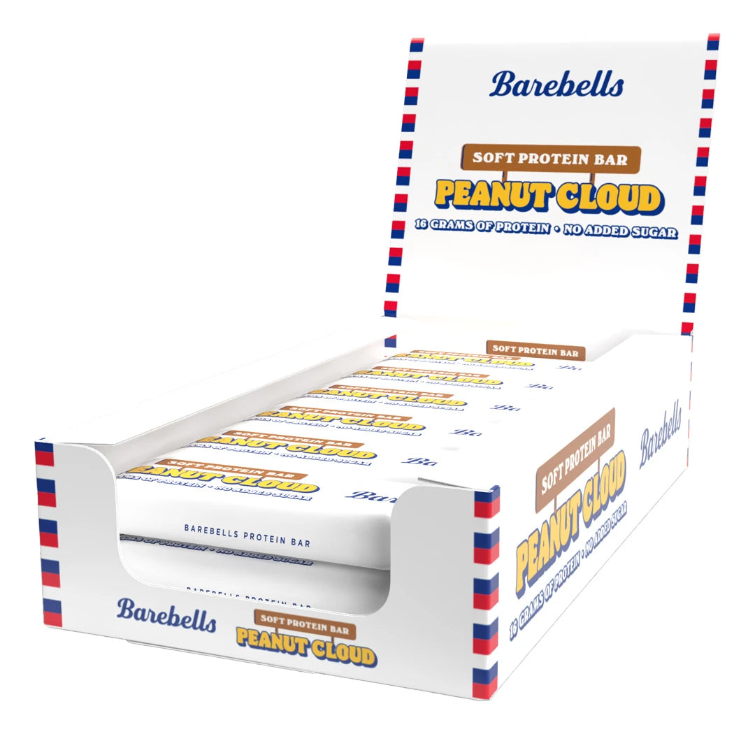 12 x Barebells Soft protein bar 55 g Peanut Cloud valkoisessa esittelylaatikossa punaisilla ja sinisillä yksityiskohdilla., kuva 1/1