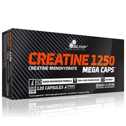 Olimp Creatine Mega caps 120 caps -kreatiinimonohydraatti mustassa rasiassa oranssilla ja valkoisella tekstillä., kuva 1/1