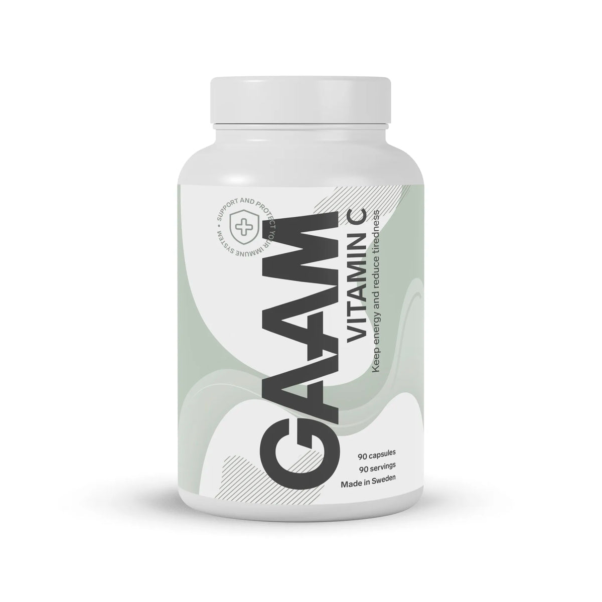 GAAM Vitamin C 90 caps -ravintolisä valkoisessa purkissa, jonka etiketissä on vaaleanvihreitä yksityiskohtia., kuva 1/1
