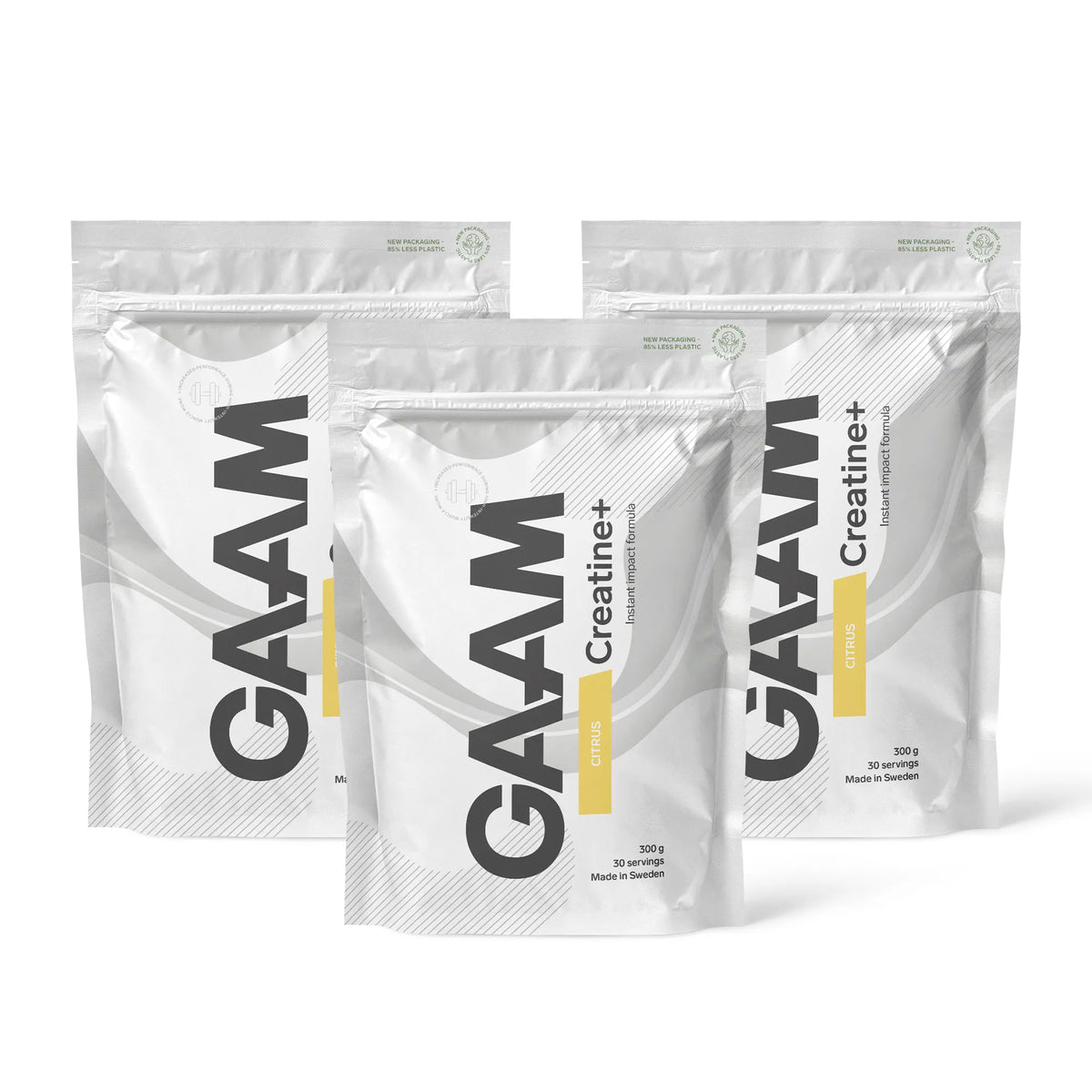 3 x GAAM Creatine+ 300 g kolmessa valkoisessa pussissa harmailla ja keltaisilla yksityiskohdilla, makuna Citrus., kuva 1/1