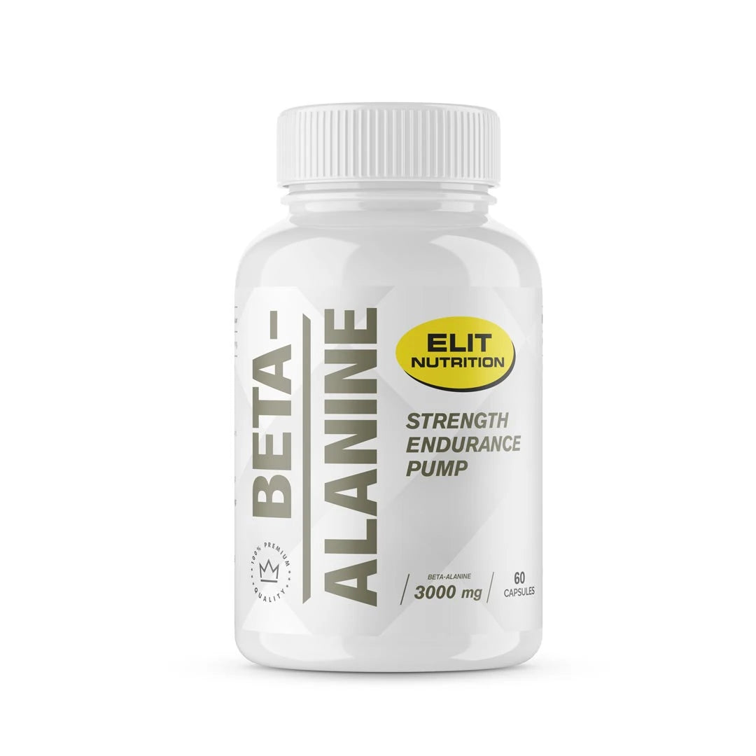 Elit Nutrition Beta-Alanine 60 caps valkoisessa purkissa, jossa on harmaa teksti ja keltainen logo., kuva 1/1