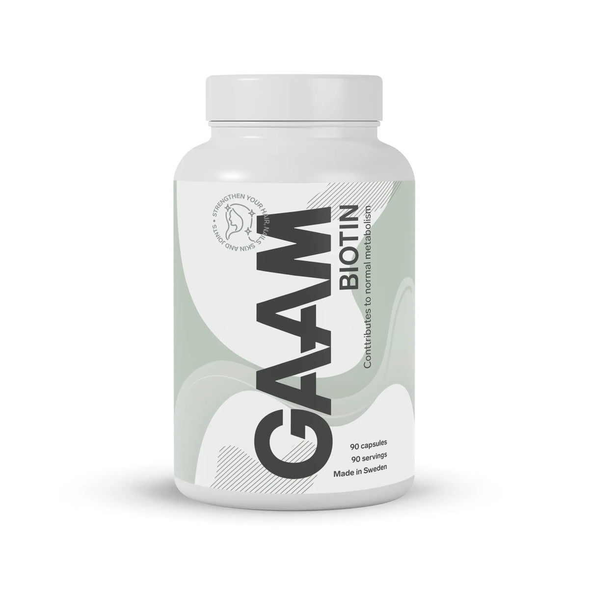 GAAM Biotin 90 caps valkoisessa muovipurkissa, jossa on vaaleanvihreitä ja valkoisia graafisia yksityiskohtia.
