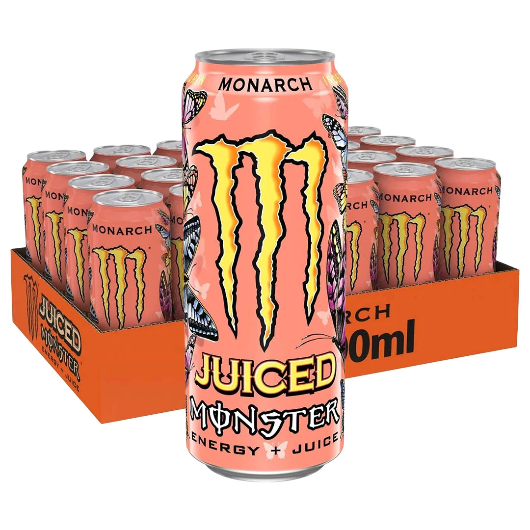 24 x Monster Energy 500 ml Monarch i ett orange flak med persikofärgade burkar och fjärilsmotiv., bild 1 av 1