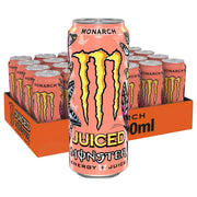 24 x Monster Energy 500 ml Monarch oranssissa laatikossa persikanvärisillä tölkeillä ja perhoskuvioilla.