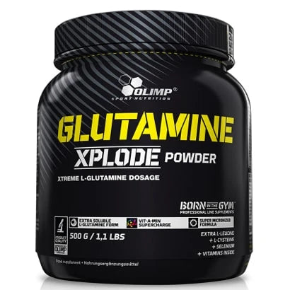 Olimp Glutamine Xplode 500 g -aminohappojauhe mustassa purkissa keltaisilla yksityiskohdilla.
