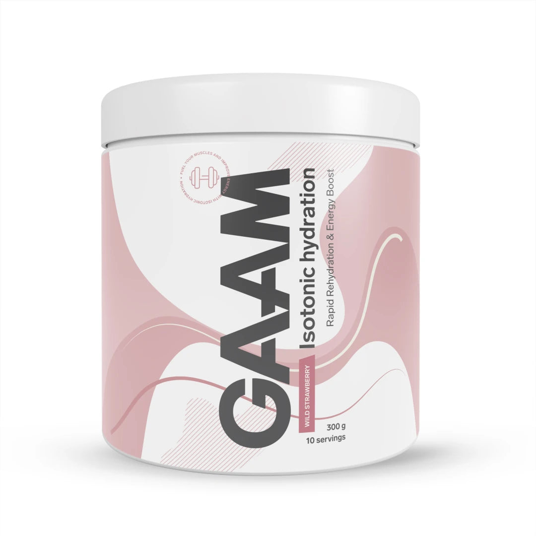 GAAM Isotonic Hydration 300 g -urheilujuomajauhe valkoisessa purkissa vaaleanpunaisilla yksityiskohdilla, makuna Wild Strawberry., kuva 1/2