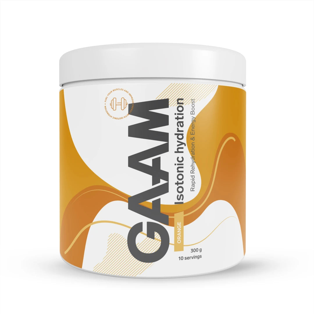 GAAM Isotonic Hydration 300 g -urheilujuoma valkoisessa purkissa oransseilla yksityiskohdilla, makuna Orange., kuva 2/2