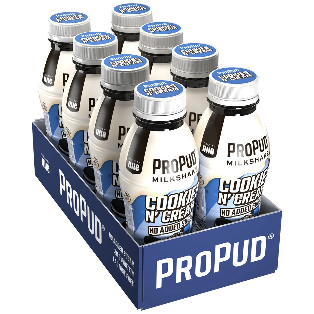 8 x NJIE ProPud Protein Milkshake 330 ml Cookies &amp; Cream sinisessä laatikossa, valkoiset pullot ja siniset etiketit., kuva 1/1