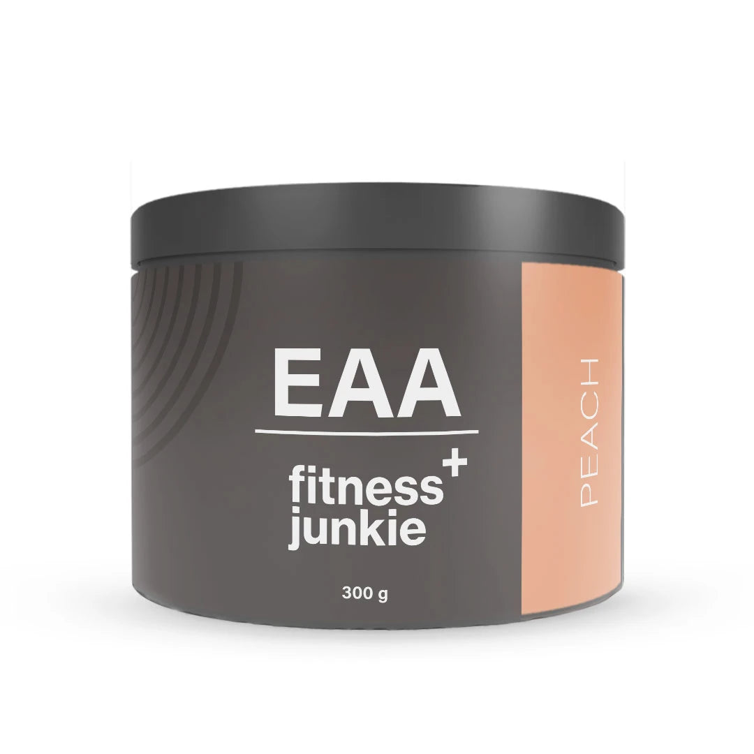 fitnessjunkie EAA 300 g -aminohapot tummanharmaassa purkissa persikanvärisillä yksityiskohdilla, makuna Peach., kuva 2/3