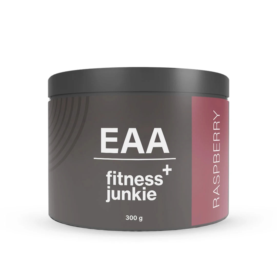 fitnessjunkie EAA 300 g EAA-jauhe tummanharmaassa purkissa tummanpunaisilla yksityiskohdilla, makuna Raspberry., kuva 3/3