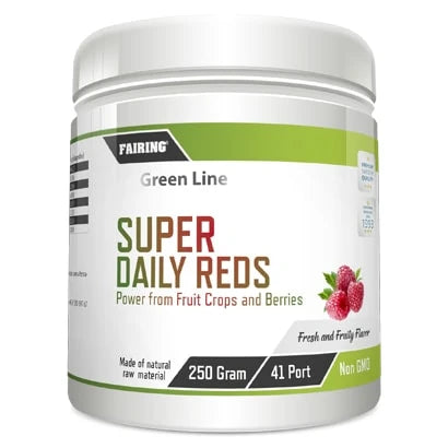 Valkoinen purkki Fairing Daily Reds 250 g -ravintolisää vihreillä yksityiskohdilla ja vadelmakuvituksella., kuva 1/1