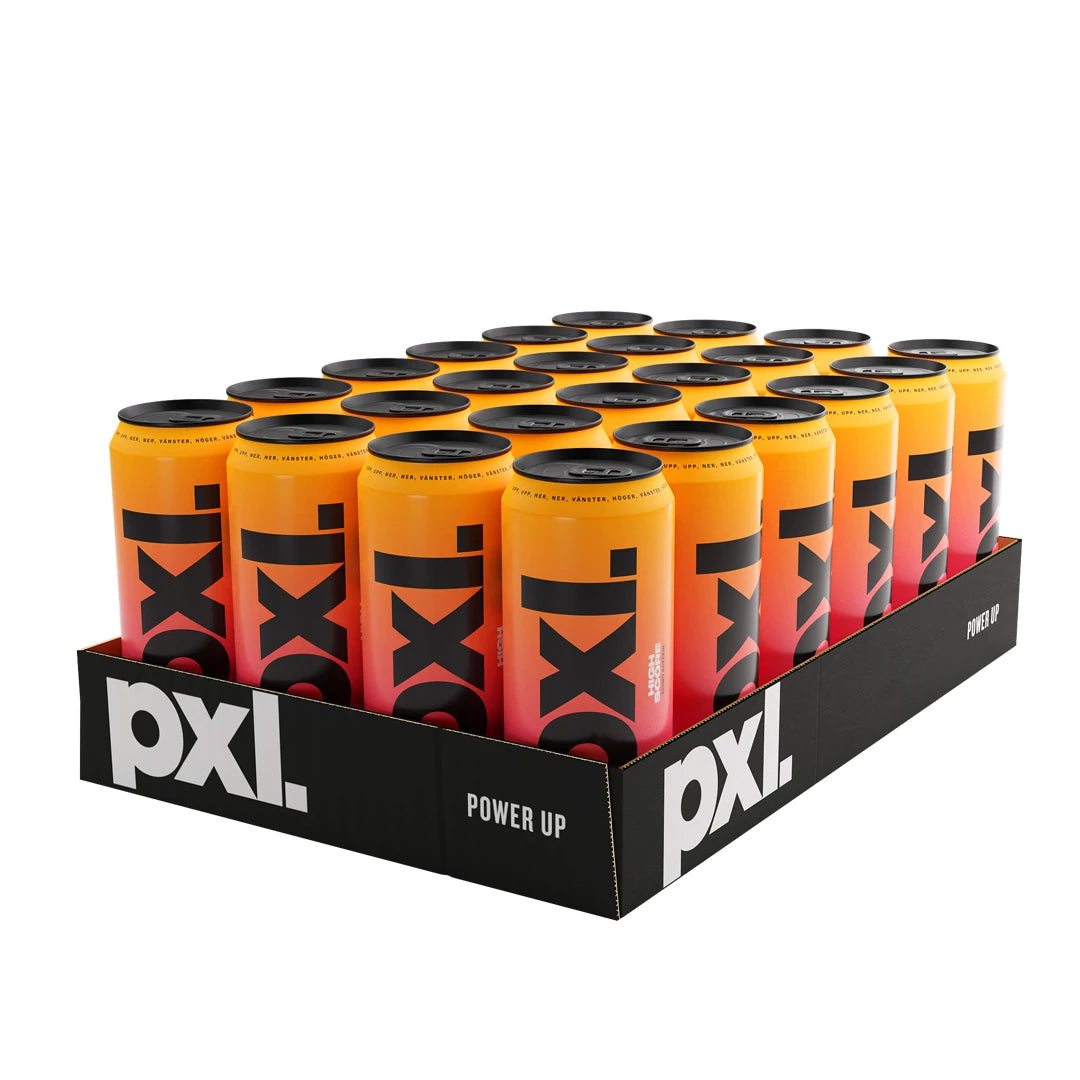 24 x PXL Energy 500 ml High Score -energiajuoma mustassa lavassa oransseilla ja vaaleanpunaisilla tölkeillä., kuva 1/1