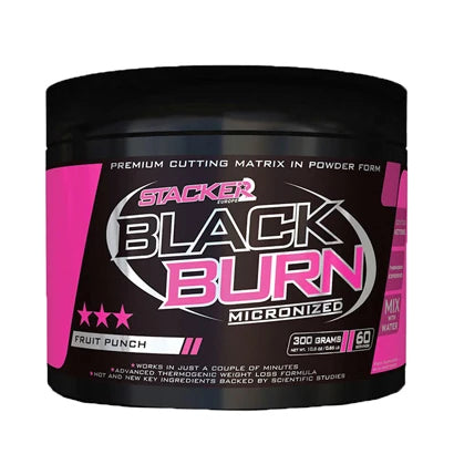 Stacker2 Black Burn Micronized 300 g -rasvanpolttajajauhe, maku Fruit Punch, mustassa purkissa pinkeillä yksityiskohdilla., kuva 1/1
