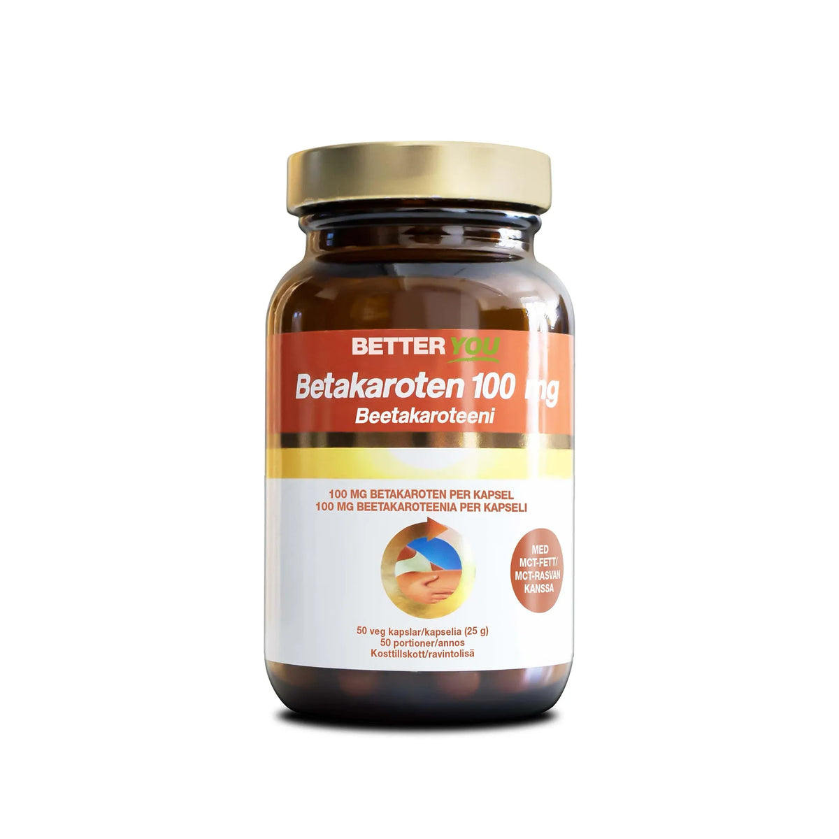 Better You Betakaroten 100 mg 50 caps -ravintolisä tummanruskeassa purkissa valko-oranssilla etiketillä ja kultakorkilla., kuva 1/1
