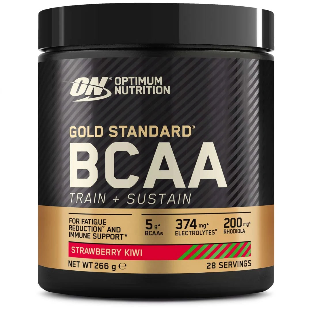 Optimum Nutrition Gold Standard BCAA 266 g i en svart burk med gulddetaljer för smaken Strawberry Kiwi., bild 2 av 2