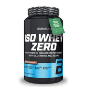 BioTechUSA Iso Whey Zero 908 g proteinpulver i en svart plastburk med blå detaljer och smaken Chocolate.