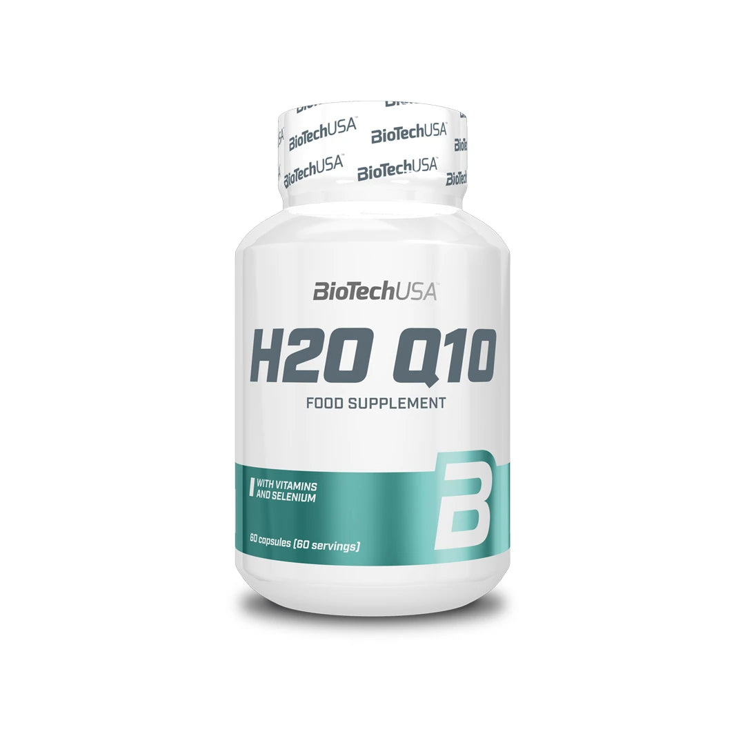BioTechUSA H2O Q10 60 caps -ravintolisä pakattuna valkoiseen purkkiin turkooseilla yksityiskohdilla., kuva 1/1