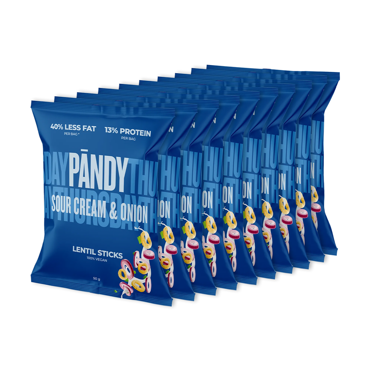 10 x Pändy Lentil Snacks 50 g vaaleanvihreissä pusseissa, makuna Spring Onion, aseteltuna pyramidin muotoon., kuva 1/1