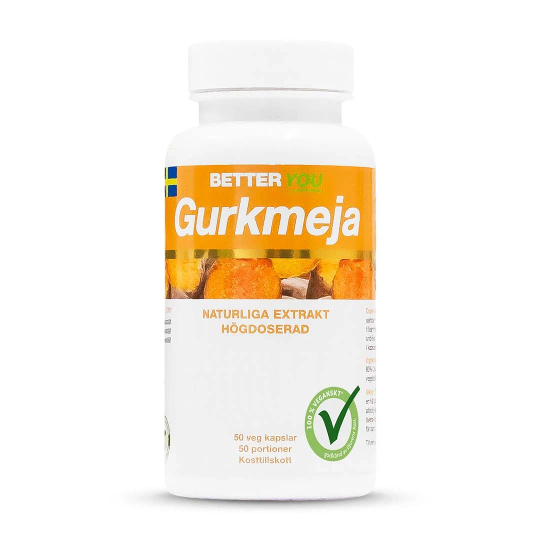 Valkoinen purkki Better You Gurkmeja 50 caps -ravintolisää oranssilla etiketillä ja vegaanimerkinnällä., kuva 1/1