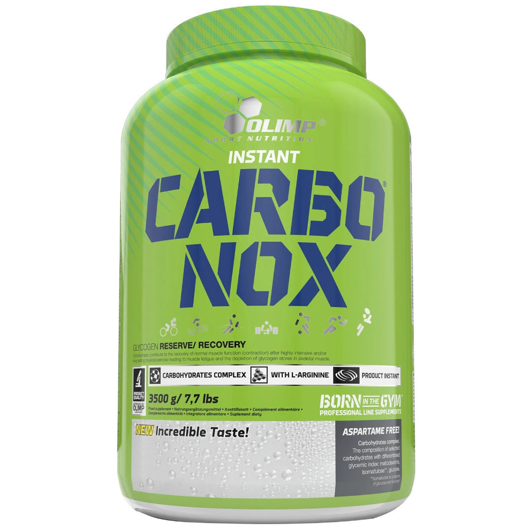 Olimp Carbo NOX 3.5 kg -hiilihydraattijauhe isossa vaaleanvihreässä purkissa sinisellä tekstillä., kuva 3/4