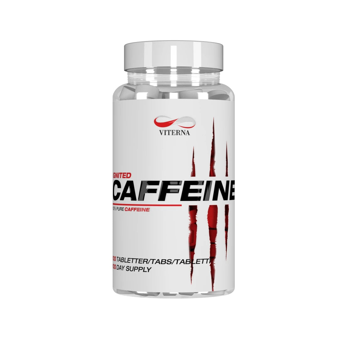 Viterna Ignited Caffeine 100 tabs -kofeiinitabletit läpinäkyvässä purkissa, valkoinen etiketti ja punaiset raapimajäljet., kuva 1/1