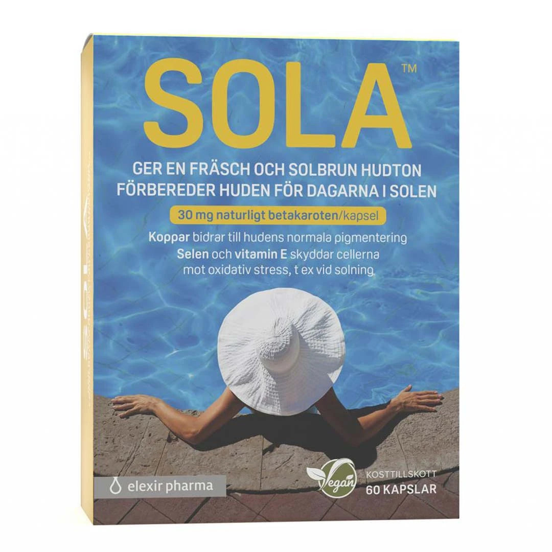 Elexir Pharma SOLA 60 caps -ravintolisä rasiassa, jossa on kesäinen uima-allasaihe ja suuri keltainen teksti., kuva 1/1
