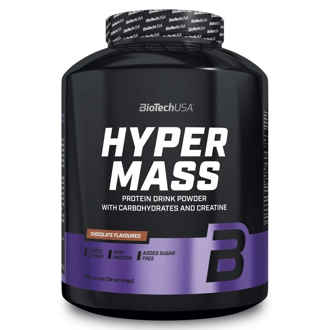 Suklaanmakuinen BioTechUSA Hyper Mass 2.27 kg -massanlisääjä mustassa purkissa liiloilla yksityiskohdilla., kuva 1/1