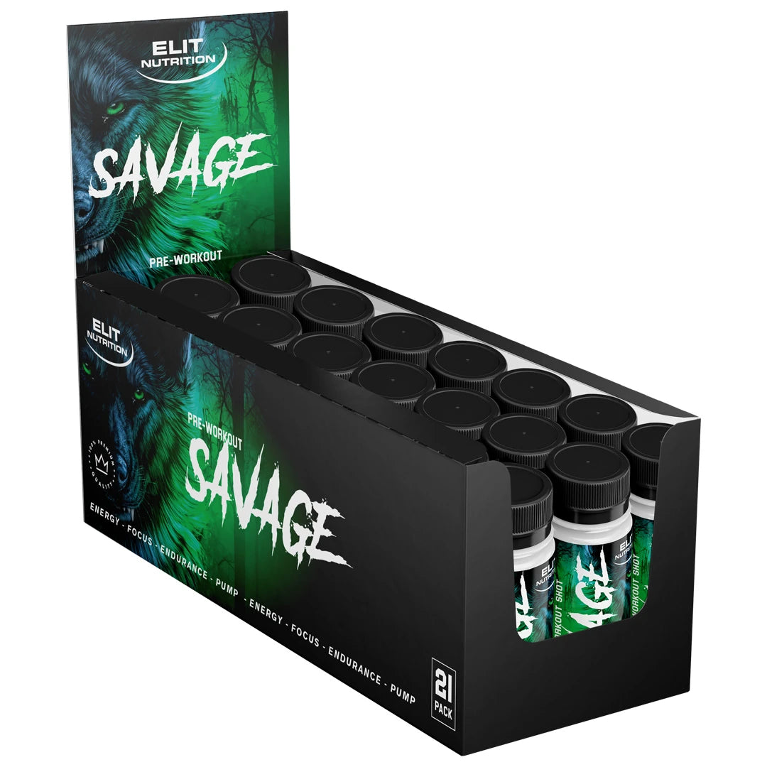 21 x Elit Nutrition Savage PWO Shot Mixpack 60 ml mustassa esittelylaatikossa, jossa on vihreä susikuvio., kuva 1/1