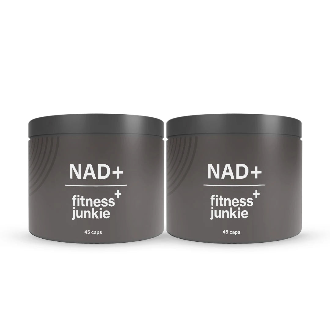 2 x fitnessjunkie NAD+ 45 caps hälsokost i två mörkgrå burkar med vit text., bild 1 av 1