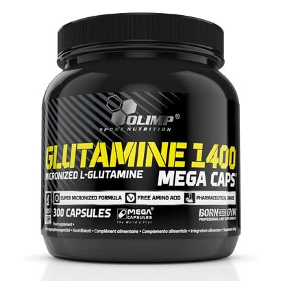 Olimp Glutamine 1400 Mega Caps 300 caps kosttillskott i en svart burk med gul och vit text., bild 1 av 1