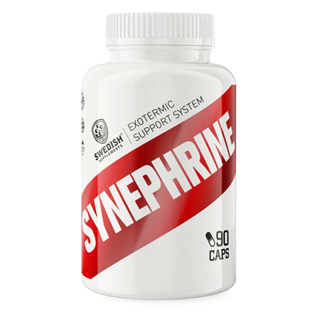 Swedish Supplements Synephrine 100 caps -rasvanpolttaja valkoisessa purkissa, jossa on leveä punainen raita., kuva 1/1