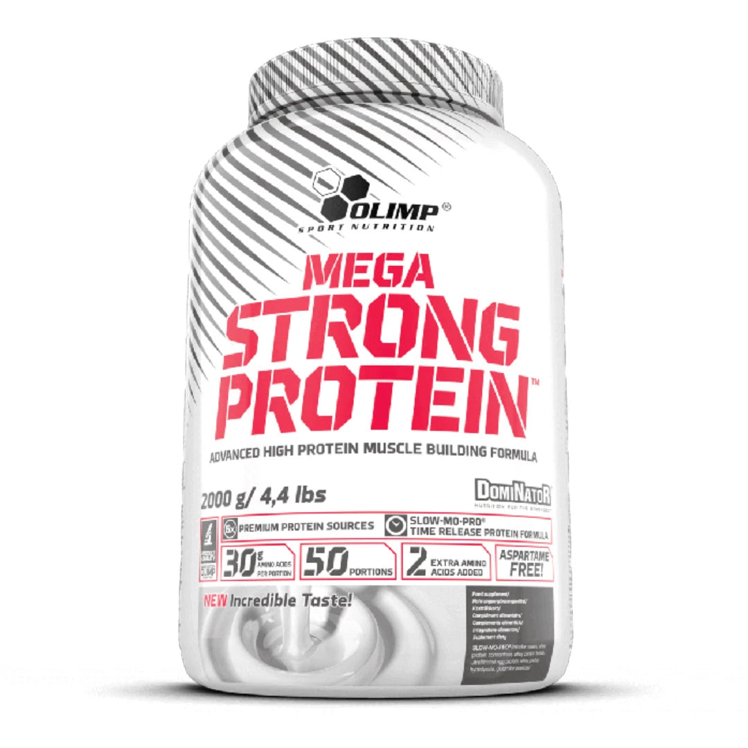 Olimp Dominator Mega Strong Protein 2 kg i en vit burk med röda och gråa detaljer.