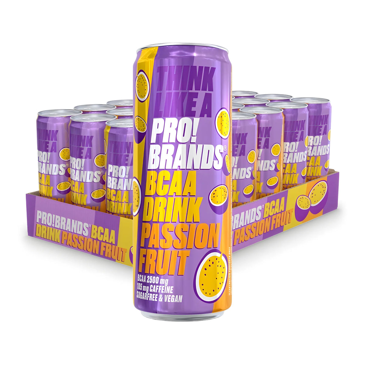 24 x PRO!BRANDS BCAA Drink 330 ml Passion Fruit liloissa ja keltaisissa tölkeissä pakattuna esittelylaatikkoon., kuva 1/1