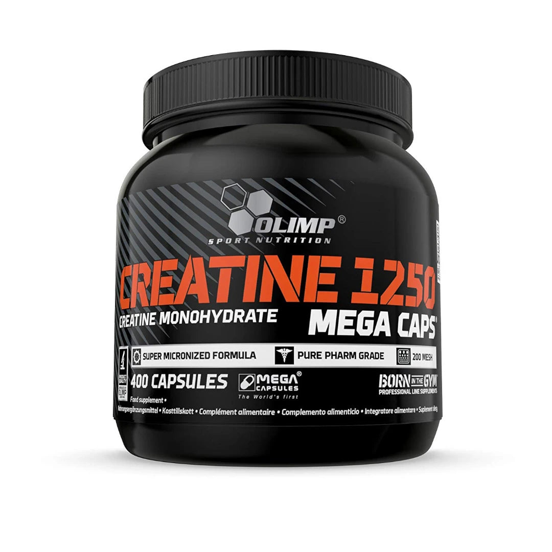 Olimp Creatine Mega caps 400 caps mustassa purkissa oranssilla ja valkoisella tekstillä tehokkaana kreatiinilisänä., kuva 1/1